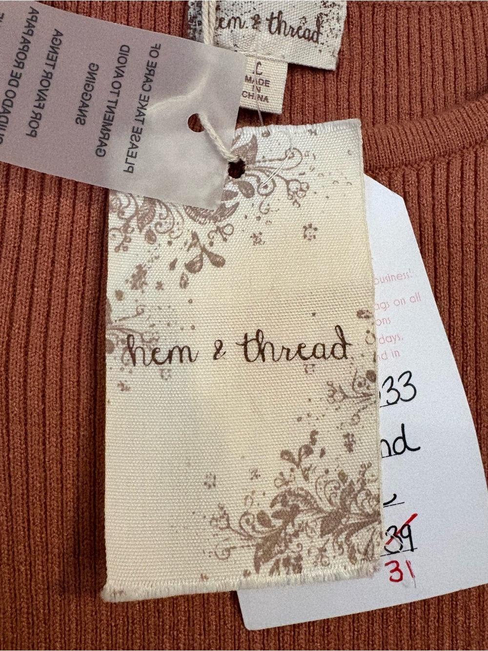 NWT Hem&Thread Boutique Ribbed Knit Puff Sleeve Top | Dusty Rose Tie Shoulder - Picture 3 of 5